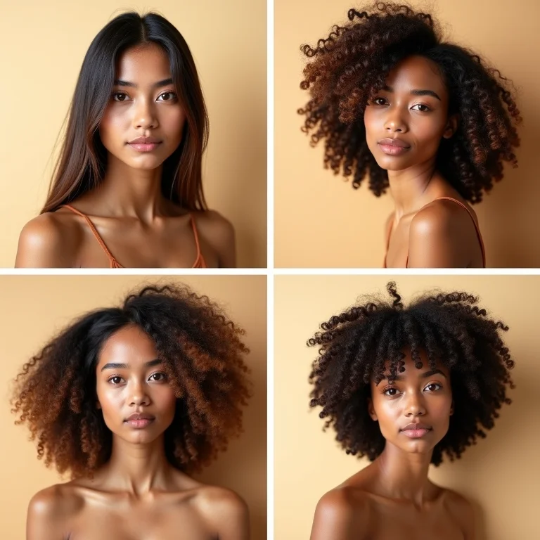 Colagem de diferentes tipos de cabelo com óleo iluminador