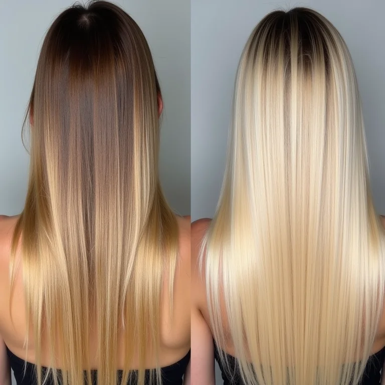 Comparação de cabelo antes e depois do tratamento de descoloração.