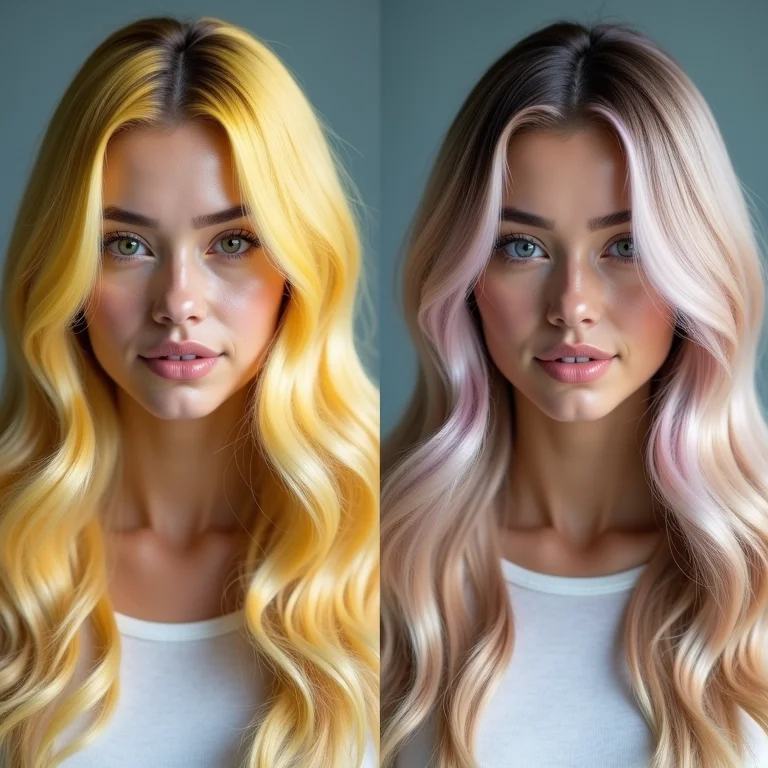 Comparação de cabelo loiro amarelado e cabelo loiro matizado.