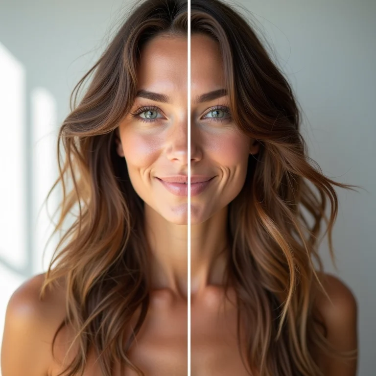 Comparação de cabelo seco e com frizz versus cabelo saudável e brilhante.