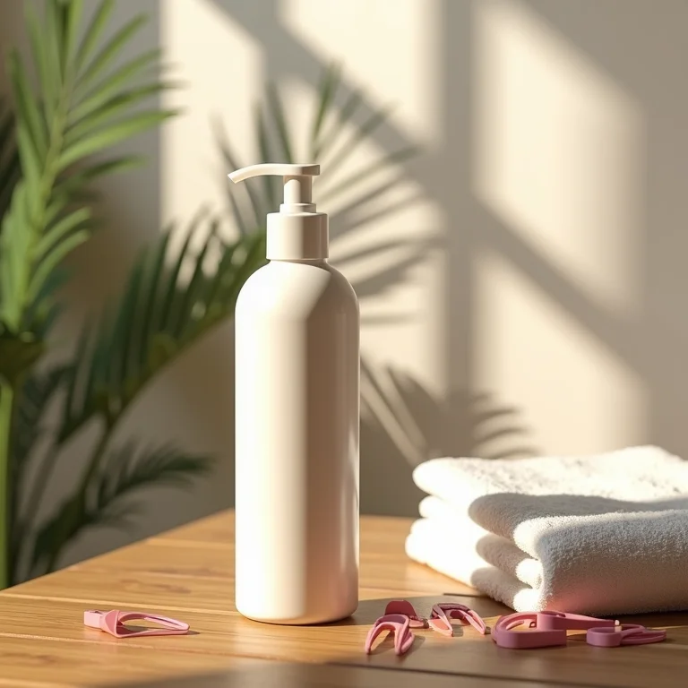 Condicionador leve com acessórios de cabelo em mesa de madeira