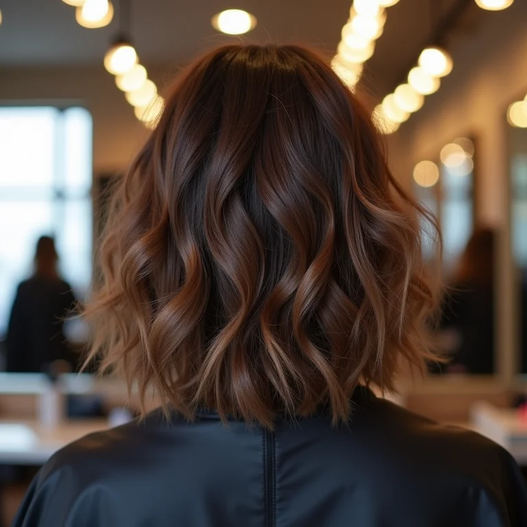 Corte chanel com franja desfiada visto de costas no salão.