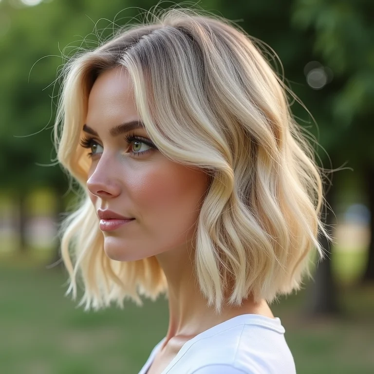 Corte chanel com franja lateral em cabelo ondulado loiro.