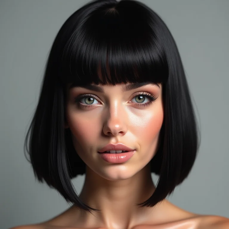 Corte chanel com franja reta em cabelo liso e escuro.