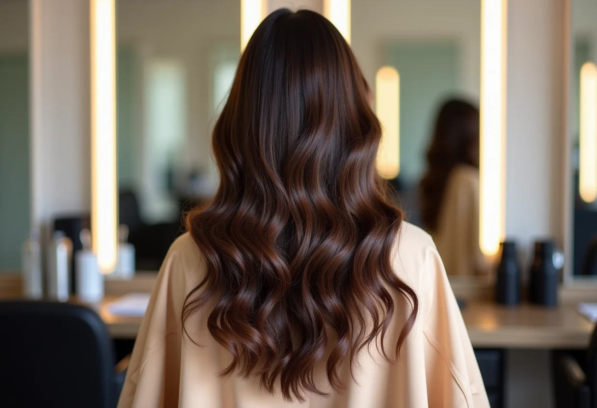 Corte de cabelo em camadas visto de costas em salão de beleza.