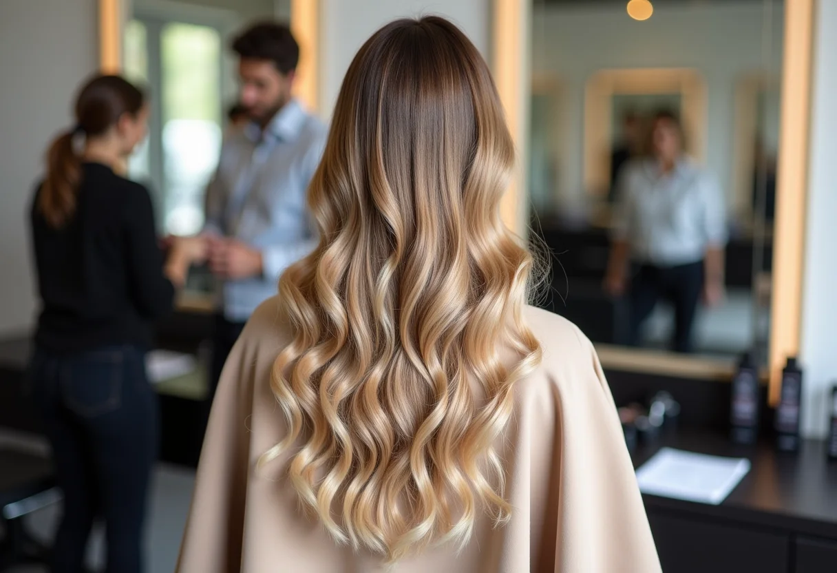 Corte de cabelo em camadas visto de costas em um salão