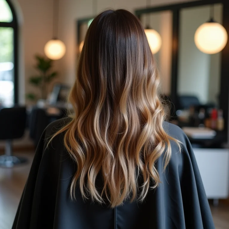 Corte de cabelo em camadas visto de costas na cadeira do salão