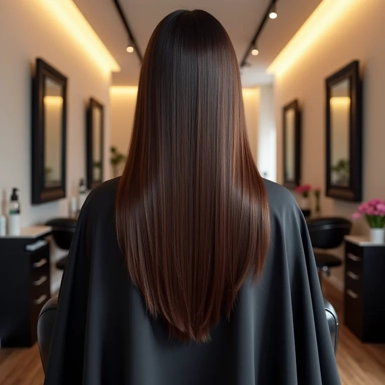 Corte de cabelo em camadas visto de costas no salão