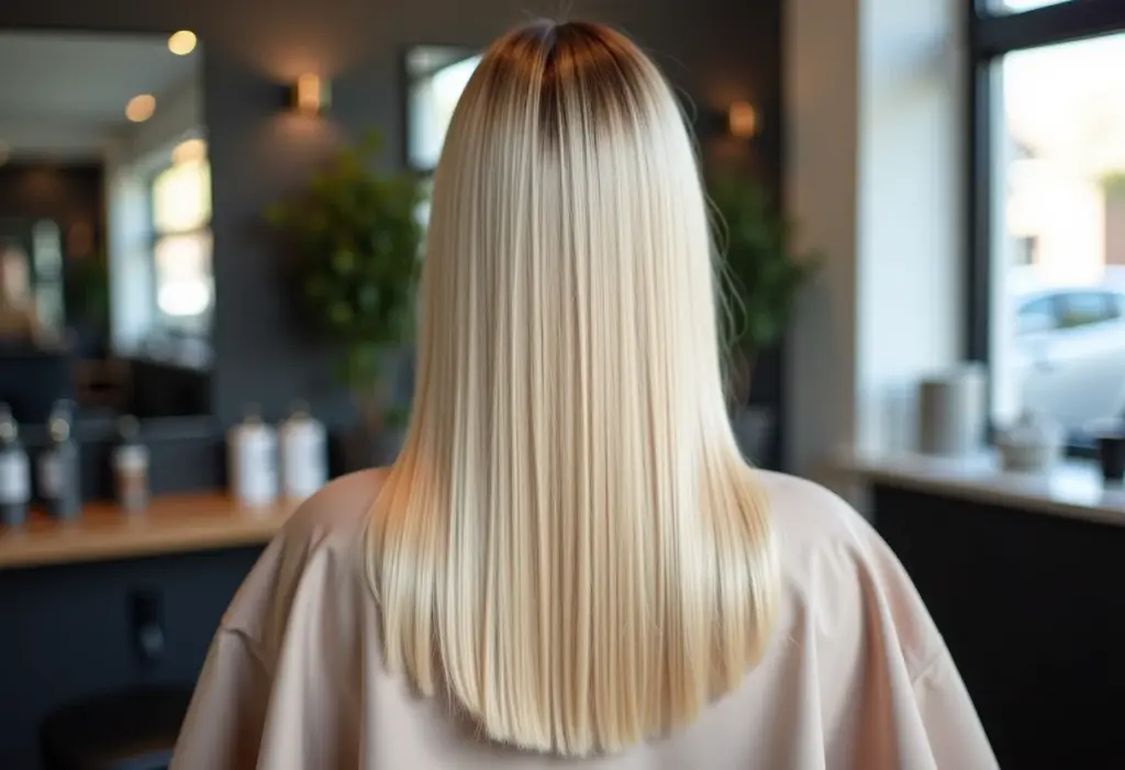 Corte de cabelo reto e impecável visto de costas em um salão de beleza