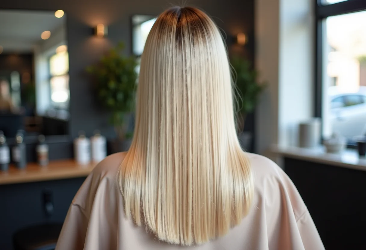 Corte de cabelo reto e impecável visto de costas em um salão de beleza