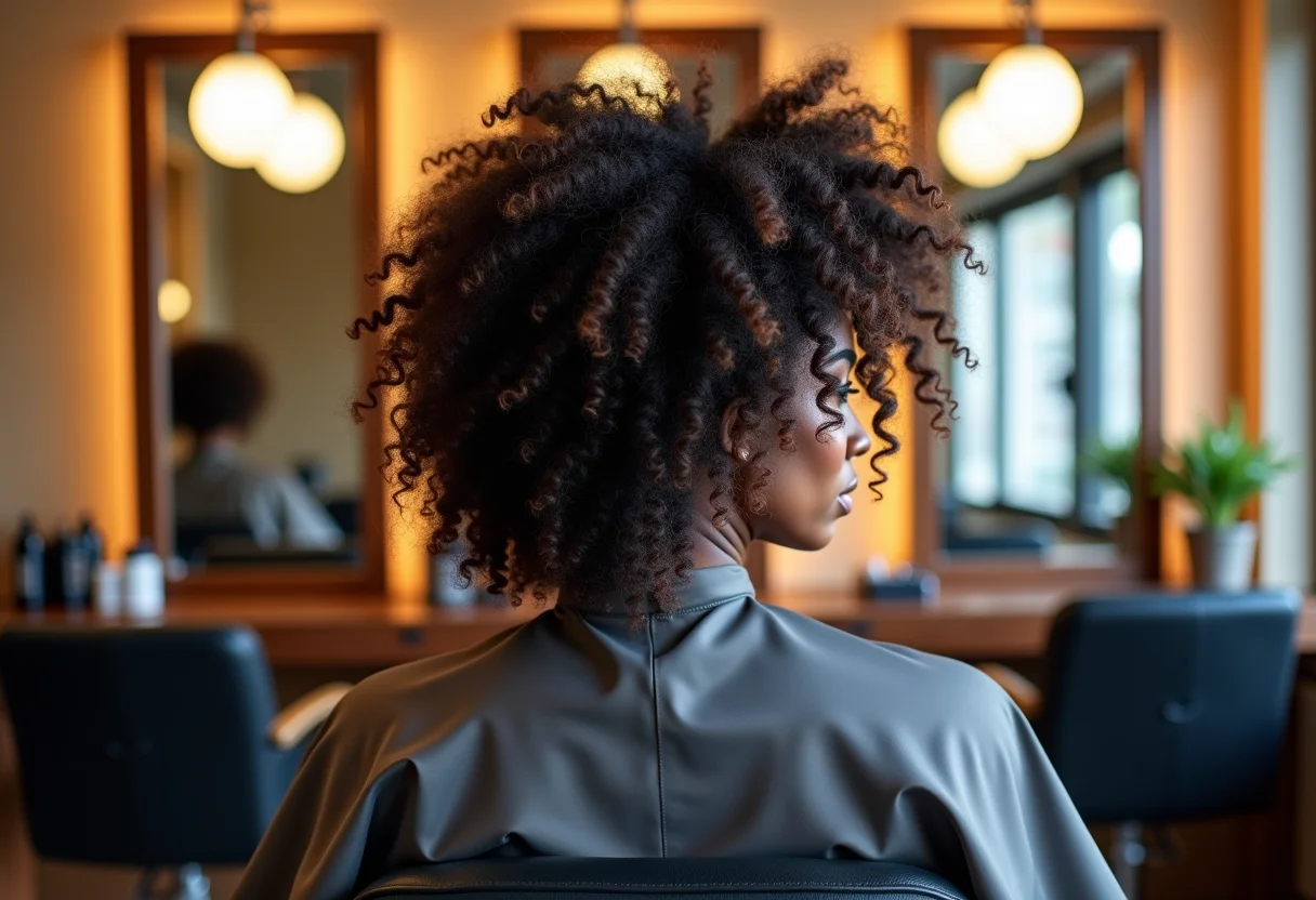 Corte de cabelo tipo 3C recém finalizado visto de costas em salão de beleza.