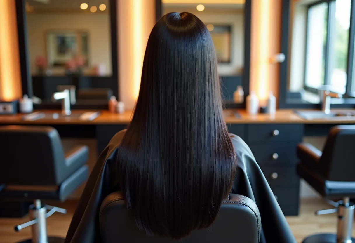 Corte Hime com geometria perfeita visto de costas em salão de beleza.