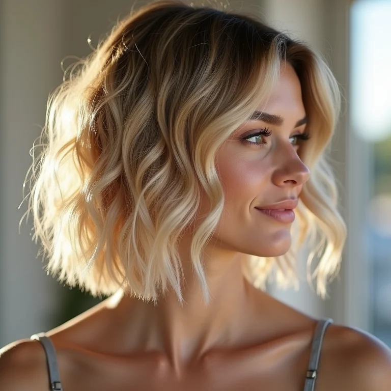 Corte hime em cabelo ondulado loiro.