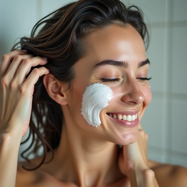 Detalhe da aplicação de máscara capilar no cabelo molhado
