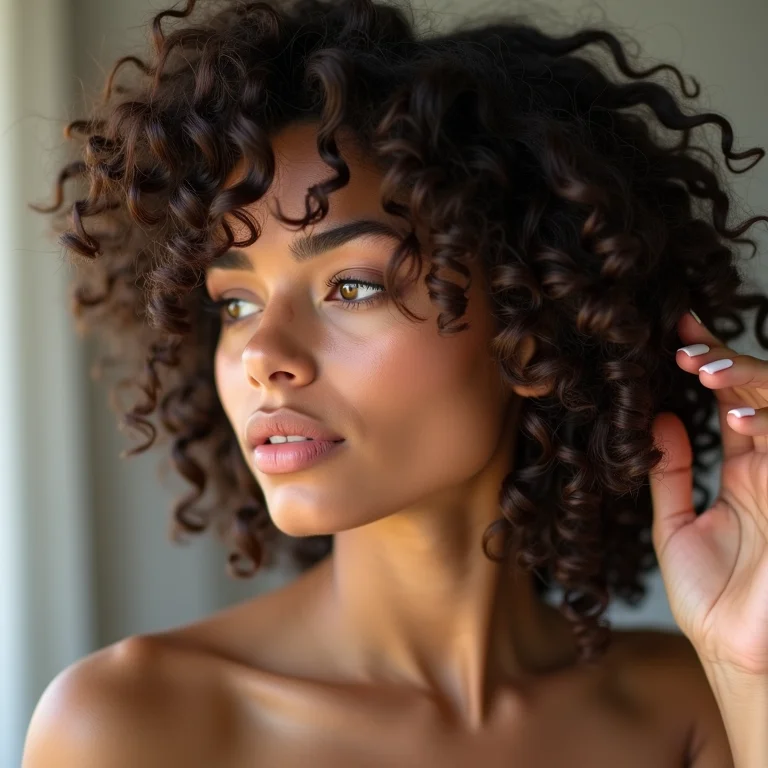 Detalhe da mão ajustando cabelo cacheado com frizz natural.