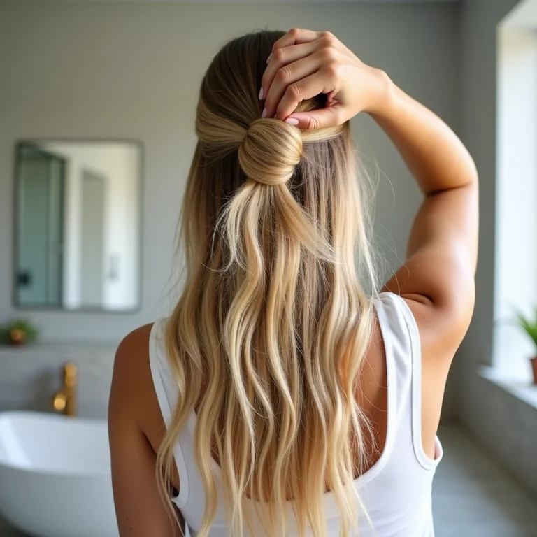 Finalizando o half bun com produto capilar.