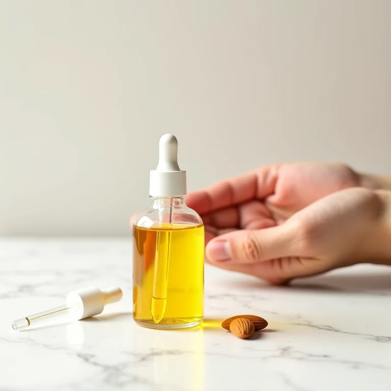 Frasco de óleo de amêndoas com aplicador e mão