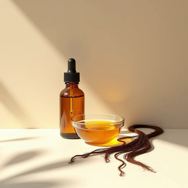 Frasco de óleo de copaíba com textura dourada e fios de cabelo castanho