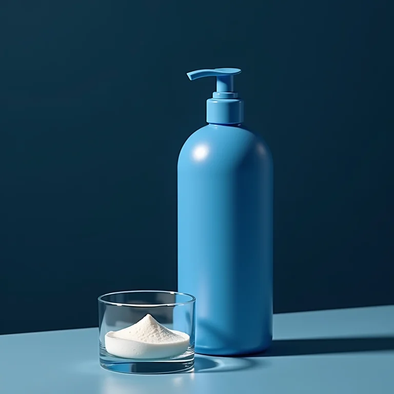 Frasco de shampoo matizador azul com textura do produto em evidência