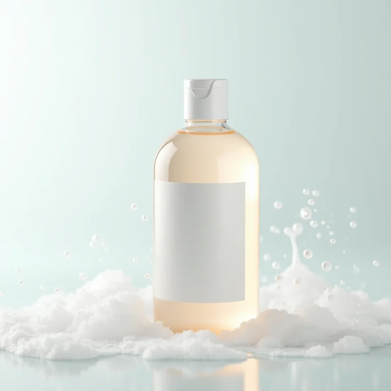 Frasco de shampoo suave com espuma e bolhas