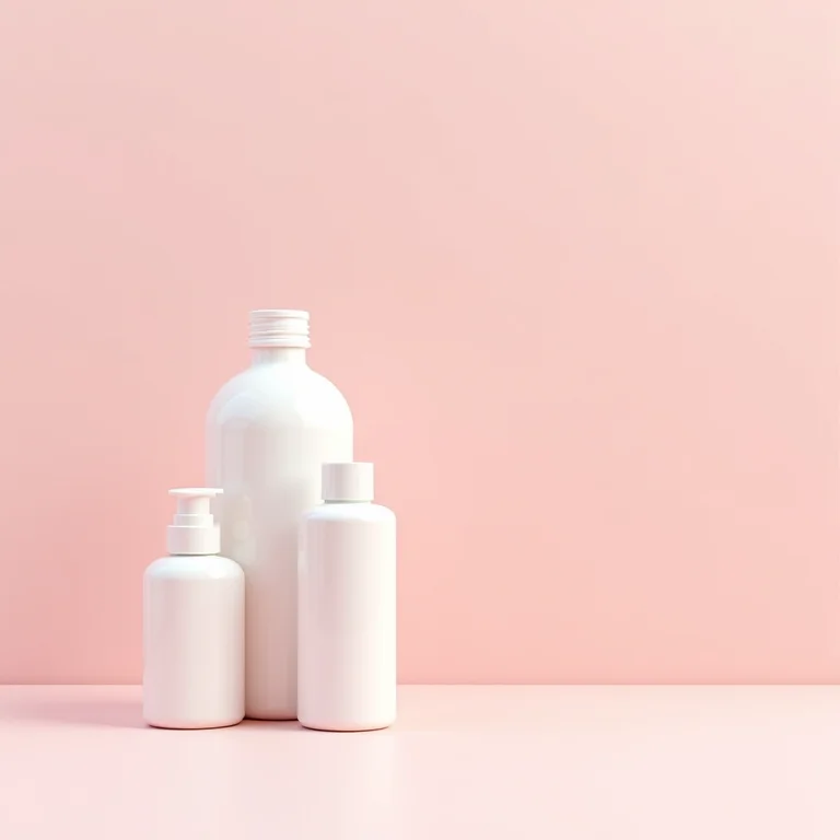Frascos de condicionadores leves em fundo rosa