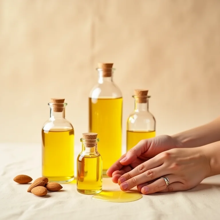 Frascos de óleo de amêndoas para cabelo em fundo neutro