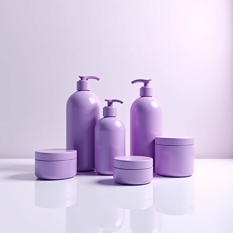 Frascos de shampoo e máscara matizadora roxa em fundo branco.