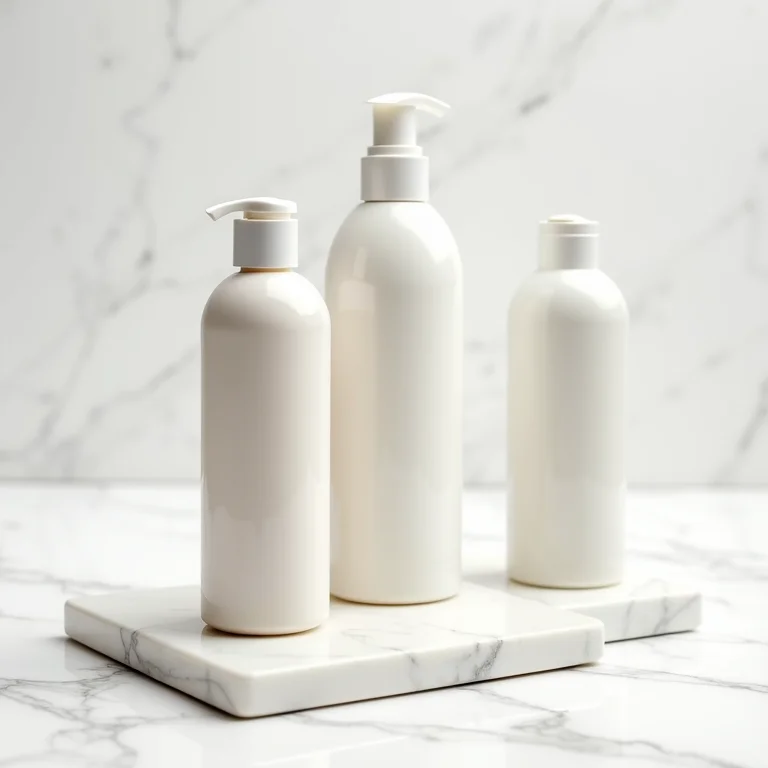 Frascos de shampoo low poo para cabelos lisos em fundo minimalista