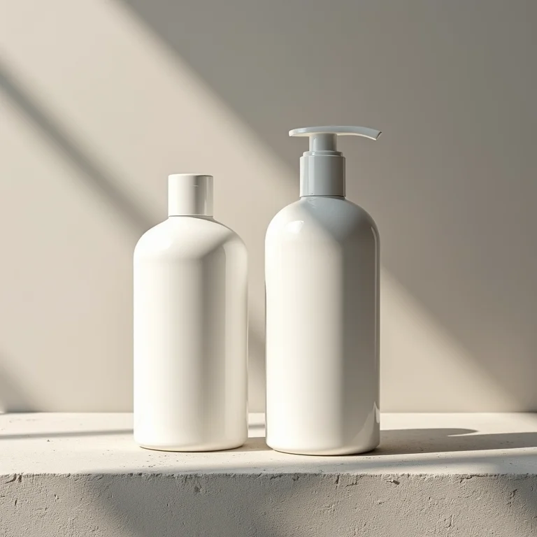 Frascos de shampoo reparador em fundo de concreto.