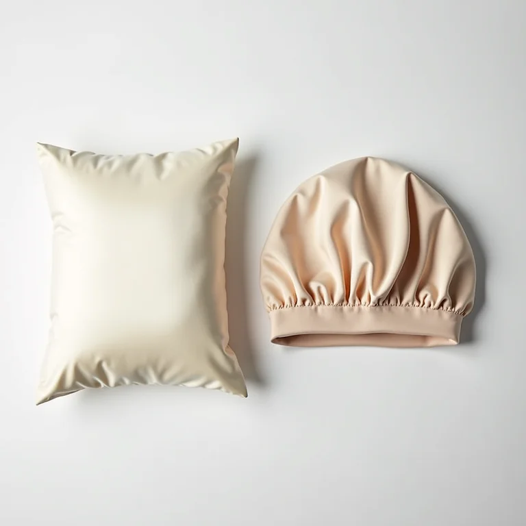 Fronha de cetim e touca de cetim lado a lado.