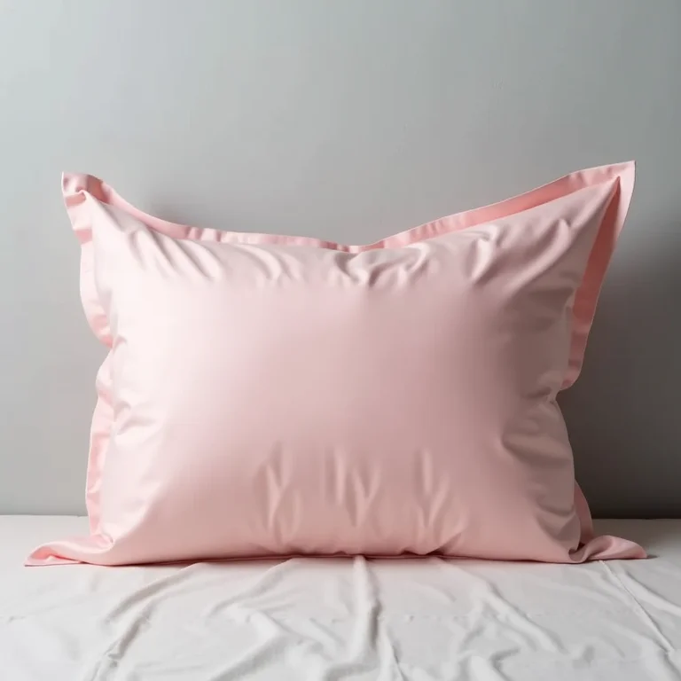 Fronha de cetim rosa sobre fundo cinza.