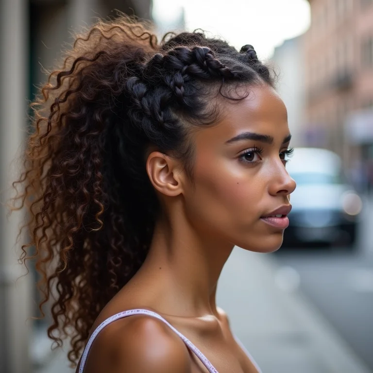 Half bun com trança para um toque extra de estilo.
