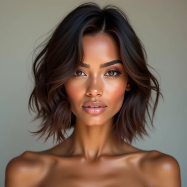 Long bob assimétrico em cabelo castanho escuro