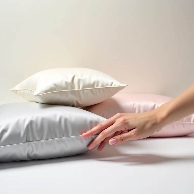 Mão tocando fronhas de cetim de diferentes cores.