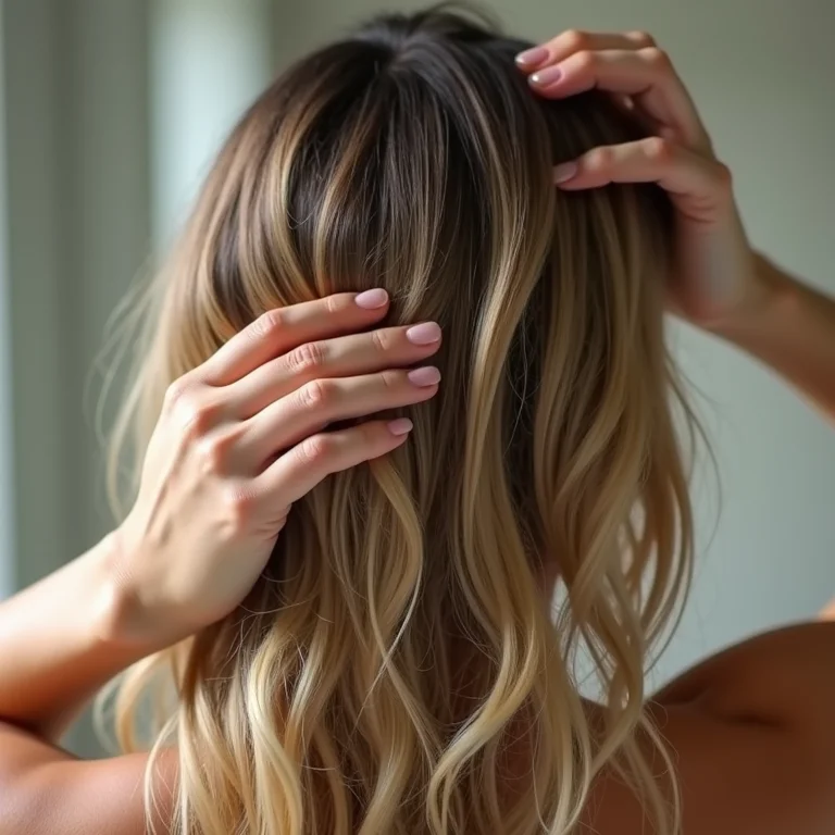 Mãos aplicando máscara capilar em cabelo louro escuro ondulado.