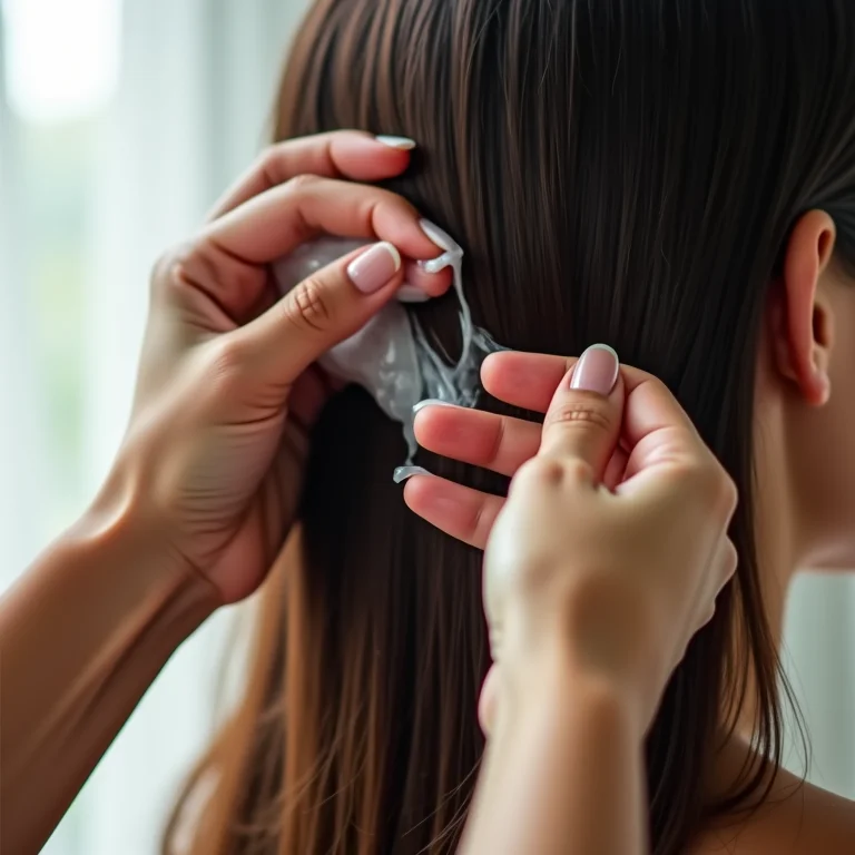 Mãos aplicando máscara de hidratação em cabelo molhado