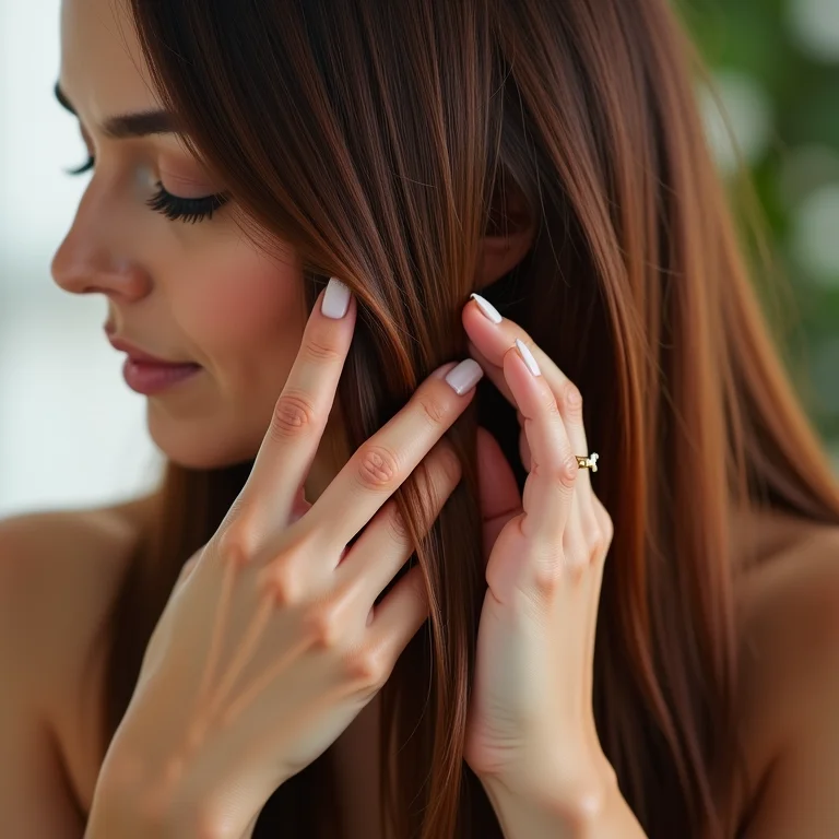 Mãos aplicando óleo capilar em cabelo tingido