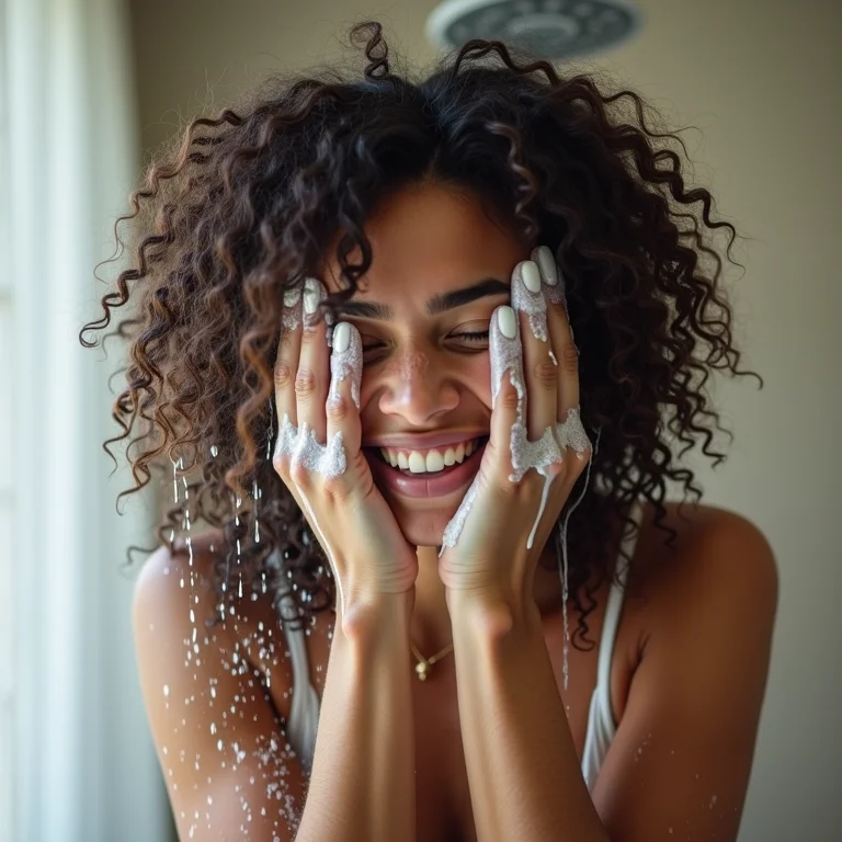 Mãos aplicando shampoo em cabelo cacheado no chuveiro.