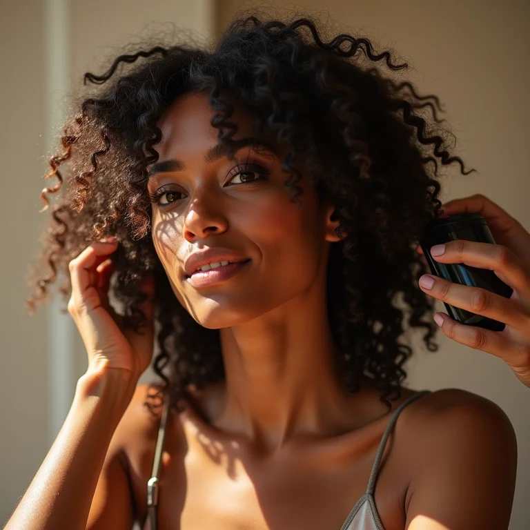 Mãos modelando cabelo tipo 3C.