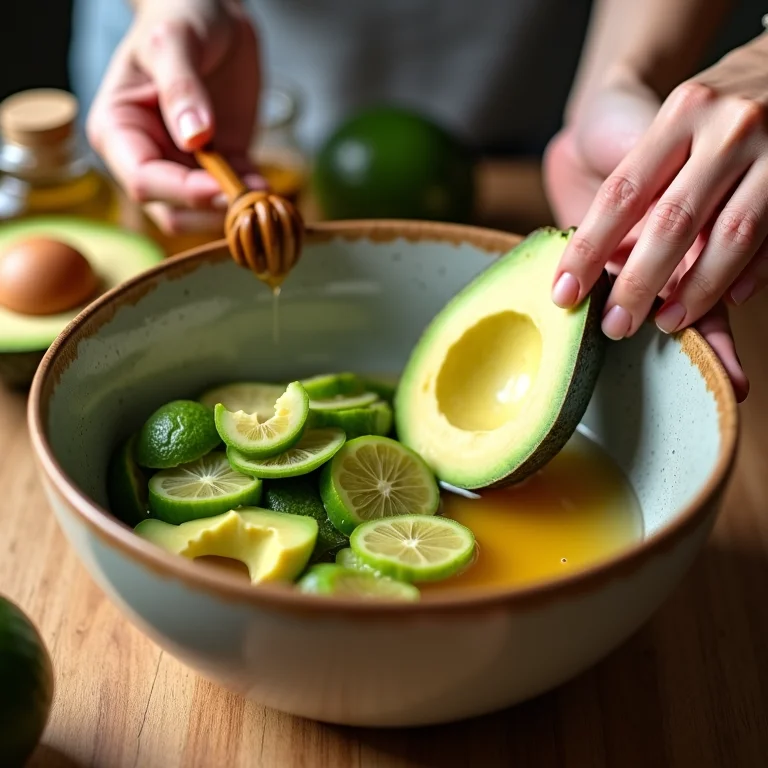 Mãos preparando máscara capilar caseira com abacate, mel e azeite.