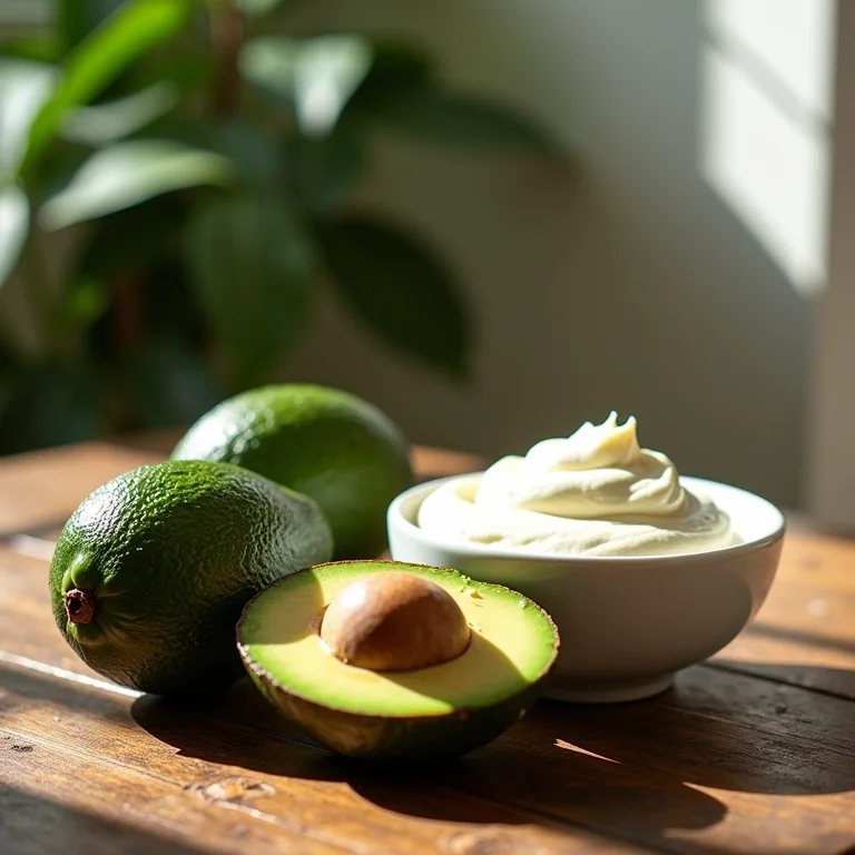 Máscara de abacate e óleo de coco para nutrir e fortalecer os cabelos.