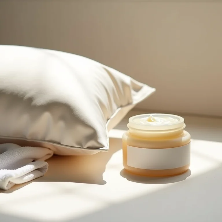 Máscara de cabelo e fronha de cetim em composição minimalista.