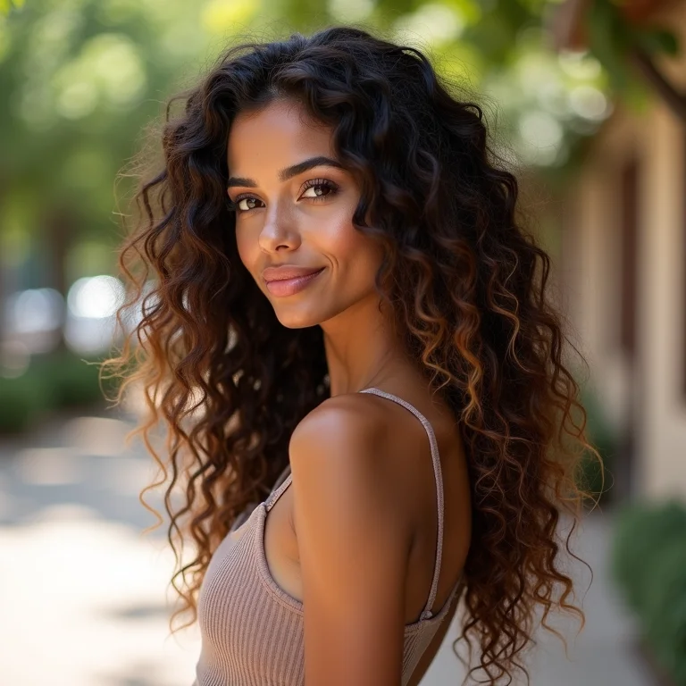 Morena iluminada chocolate em cabelo cacheado 3B, vista de perfil