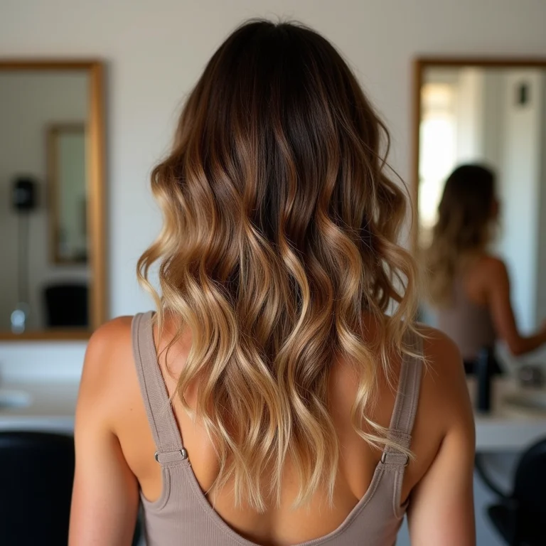 Morena iluminada mel cabelo cacheado, vista traseira no salão