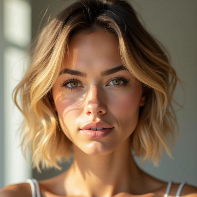 Morena iluminada mel cabelo ondulado, corte bob