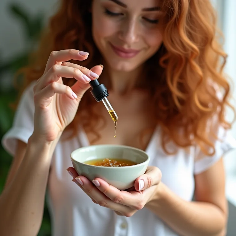 Mulher adicionando óleo essencial à máscara capilar para potencializar a reconstrução