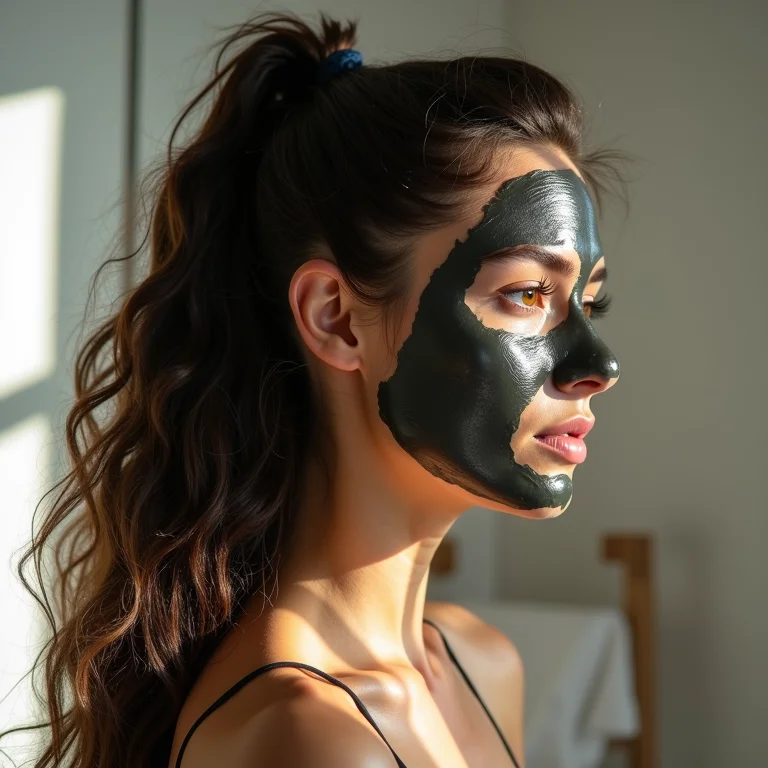 Mulher aplicando argila preta no cabelo ondulado