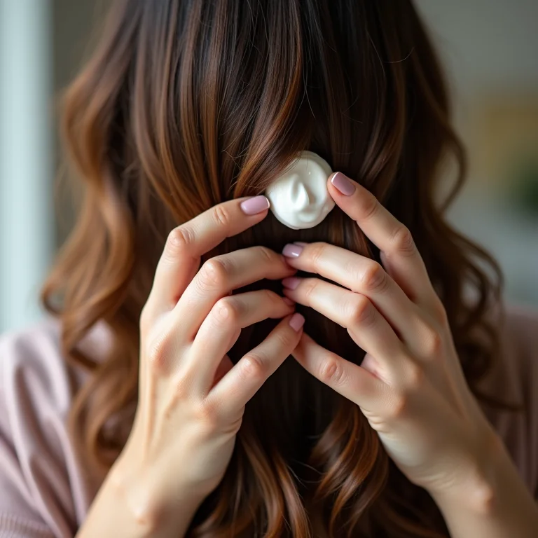 Mulher aplicando creme em cabelo ondulado