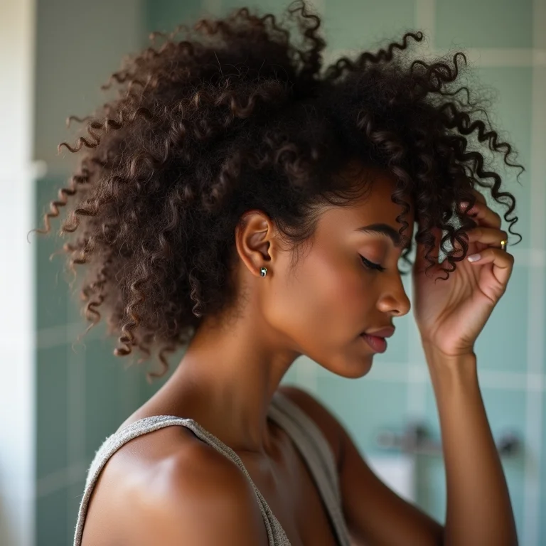 Mulher aplicando gelatina capilar no cabelo cacheado 4A.