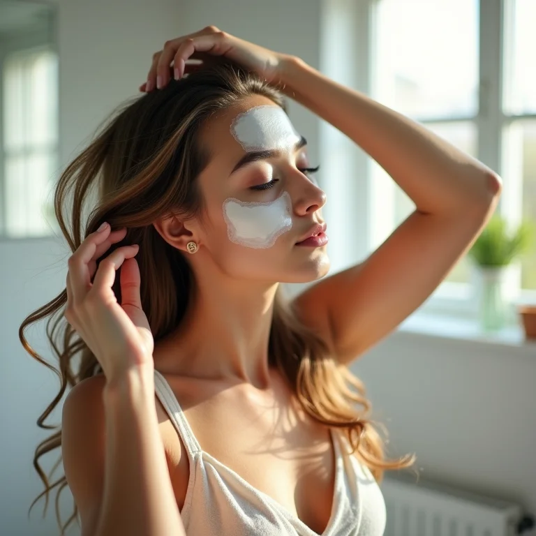 Mulher aplicando máscara capilar no banheiro